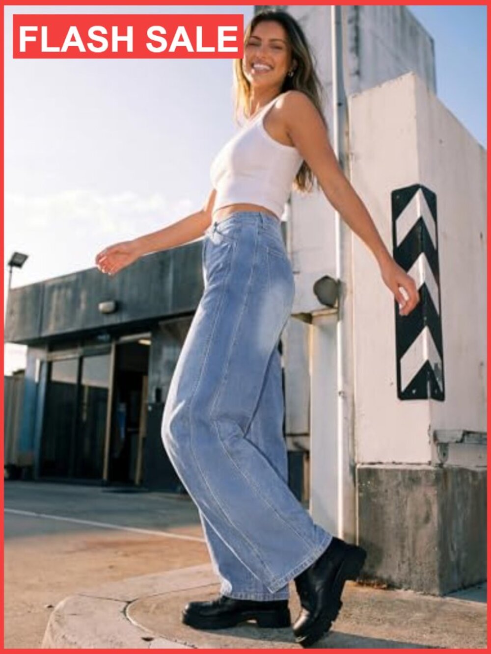 High Rise Wide Leg Barrel Jeans with Curved Hem, Slant Pockets, Stretch Denim - Picture 3 of 6